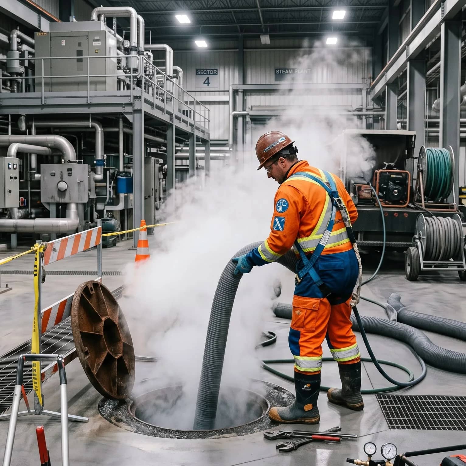 Technicien JFA introduisant la gaine dans un regard d'égout à l'intérieur d'une usine