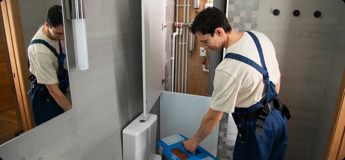 Plombier déposant sa boîte à outils bleue dans une salle de bain