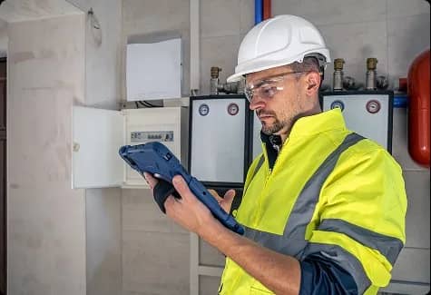Technicien au casque blanc inspectant un panneau technique avec sa tablette