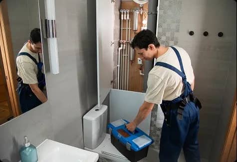 Plombier installant le réservoir d'une toilette