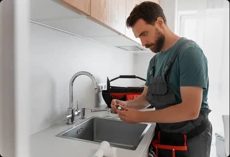 Plombier barbu examinant une pièce de robinetterie près d'un évier de cuisine