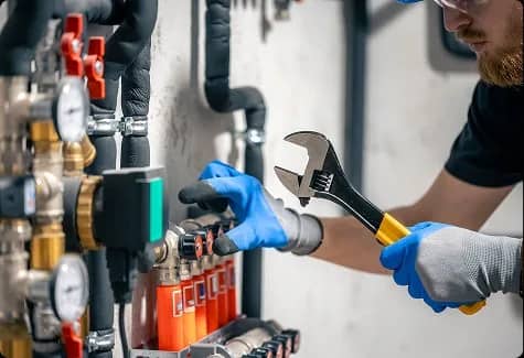 Mains gantées ajustant des valves industrielles avec une clé anglaise